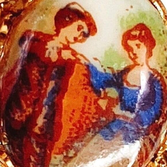 VTG Mid Century Gold Tone Filigree Clip On Earrings Transfer Art Print Glass 60s - Picture 4 of 11